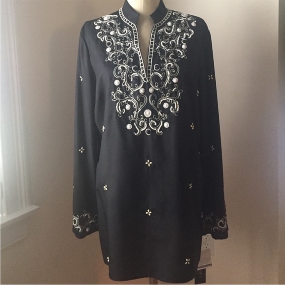 Lafayette 148 New York Tops - Lafayette 148 New York Black 100% Silk Beaded Boho Western Tunic Top 14